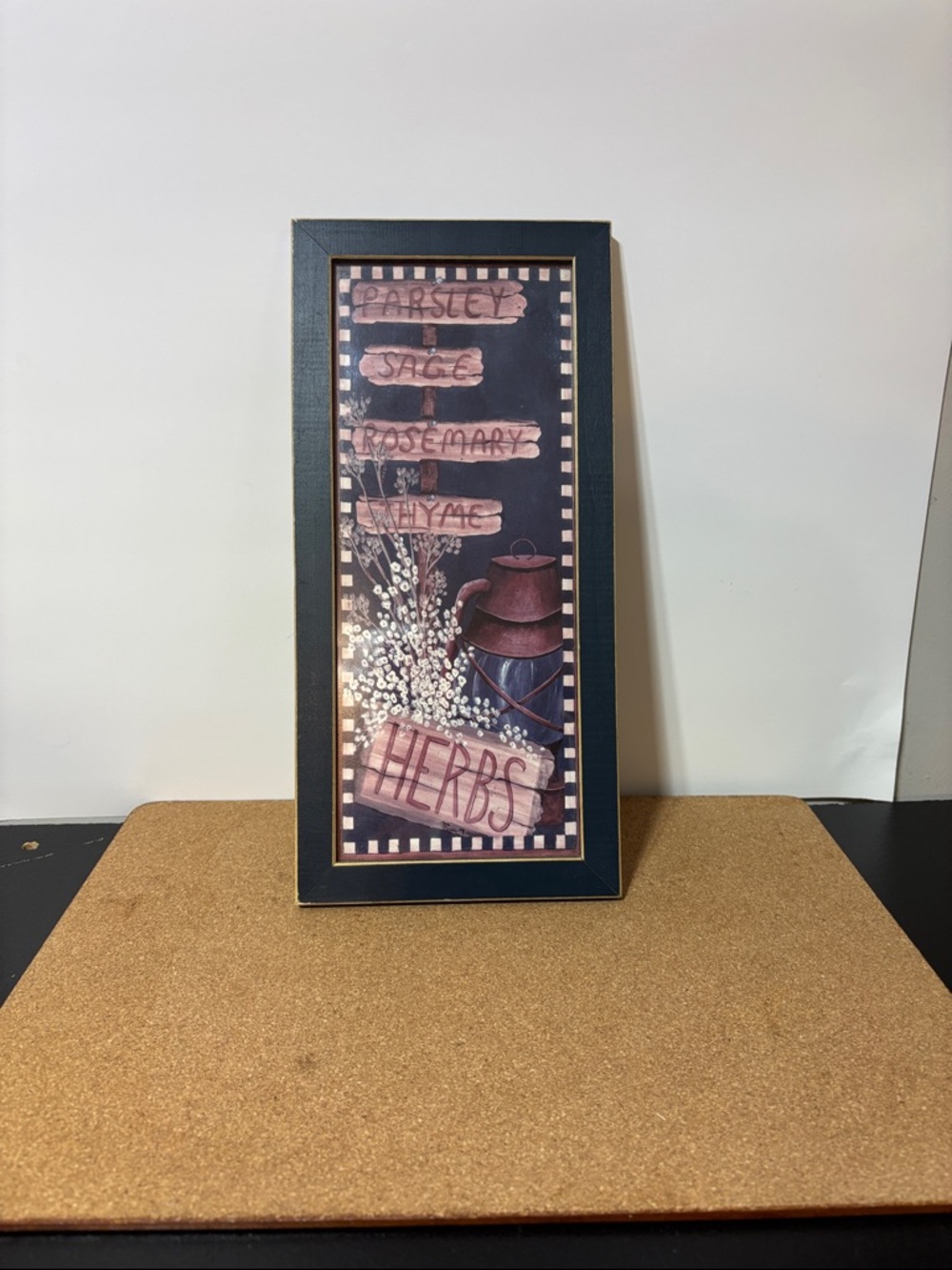 Framed 'Herbs' Kitchen Wall Art - Navy, Burgundy, Cream 13x6”